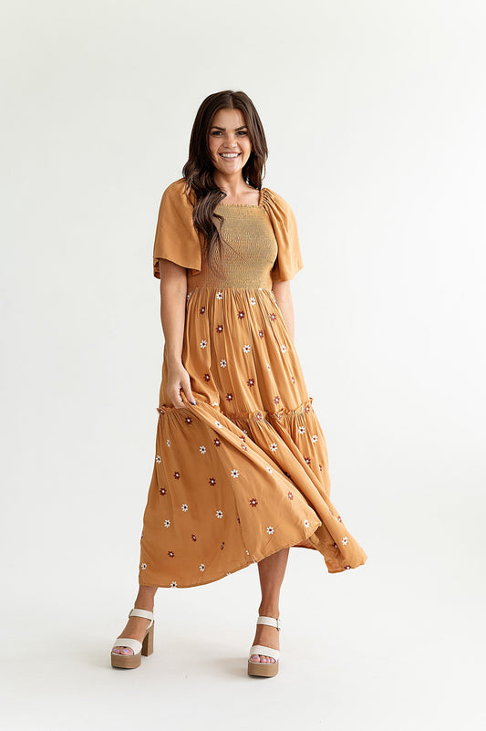 yayaq™-Clementine Embroidered Dress in Camel