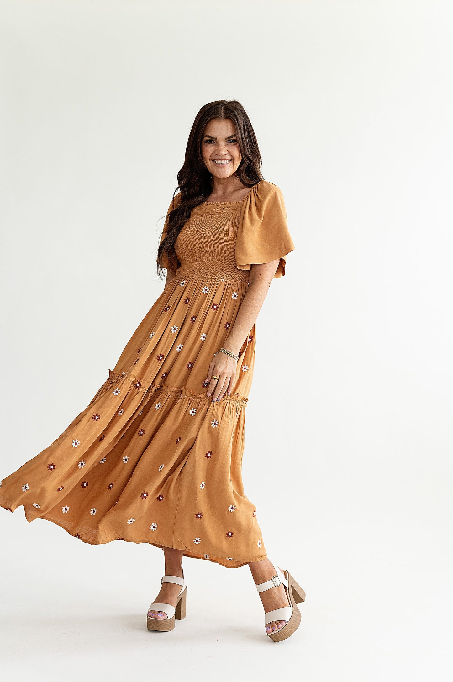 yayaq™-Clementine Embroidered Dress in Camel