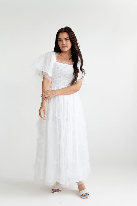 yayaq™-Francis Smocked Dot Dress in White