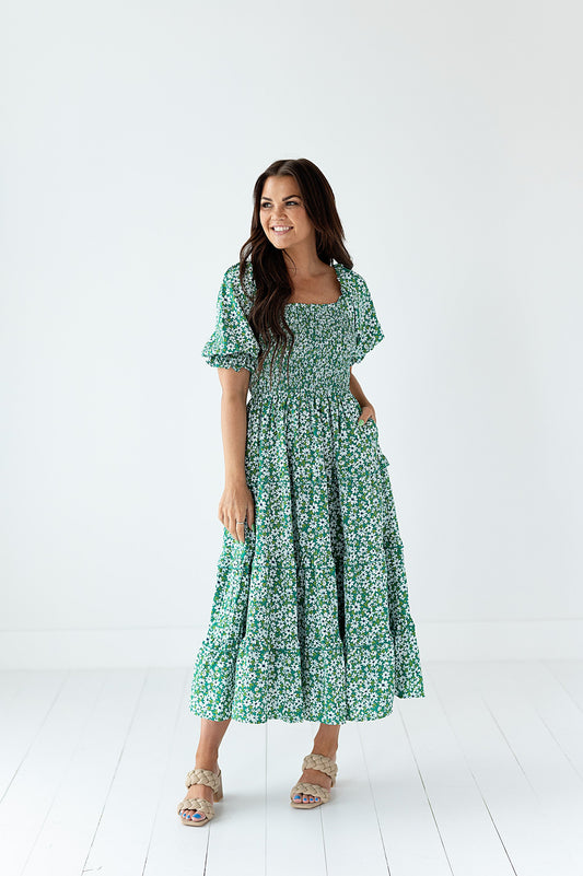 yayaq™-Gabrielle Floral Midi Dress in Turquoise