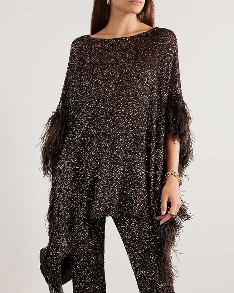 yayaq™-Asymmetric feather-trimmed sequin-embellished top and pants two-piece set